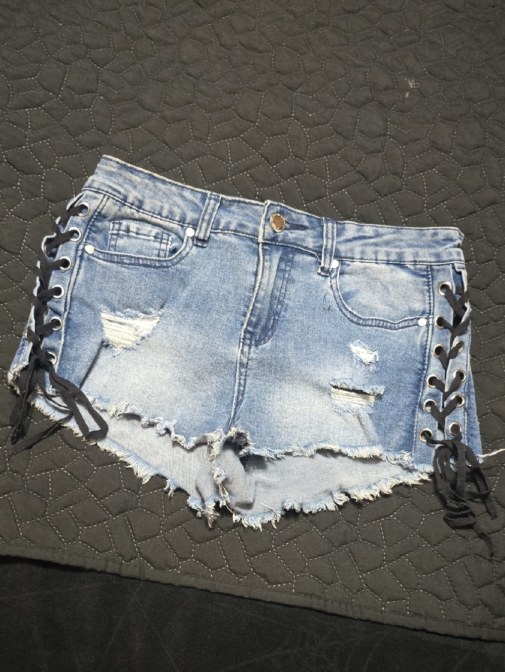 Revamped Distressed Lace-Up Denim Shorts